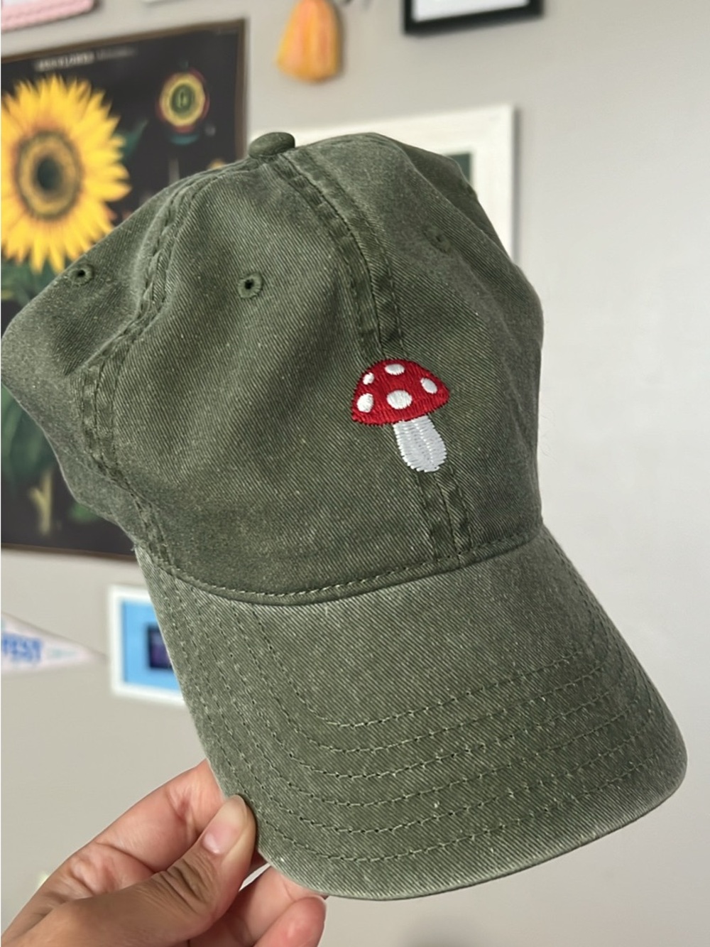 Mighty Fine Olive Green Baseball Cap with Red Mushroom Patch